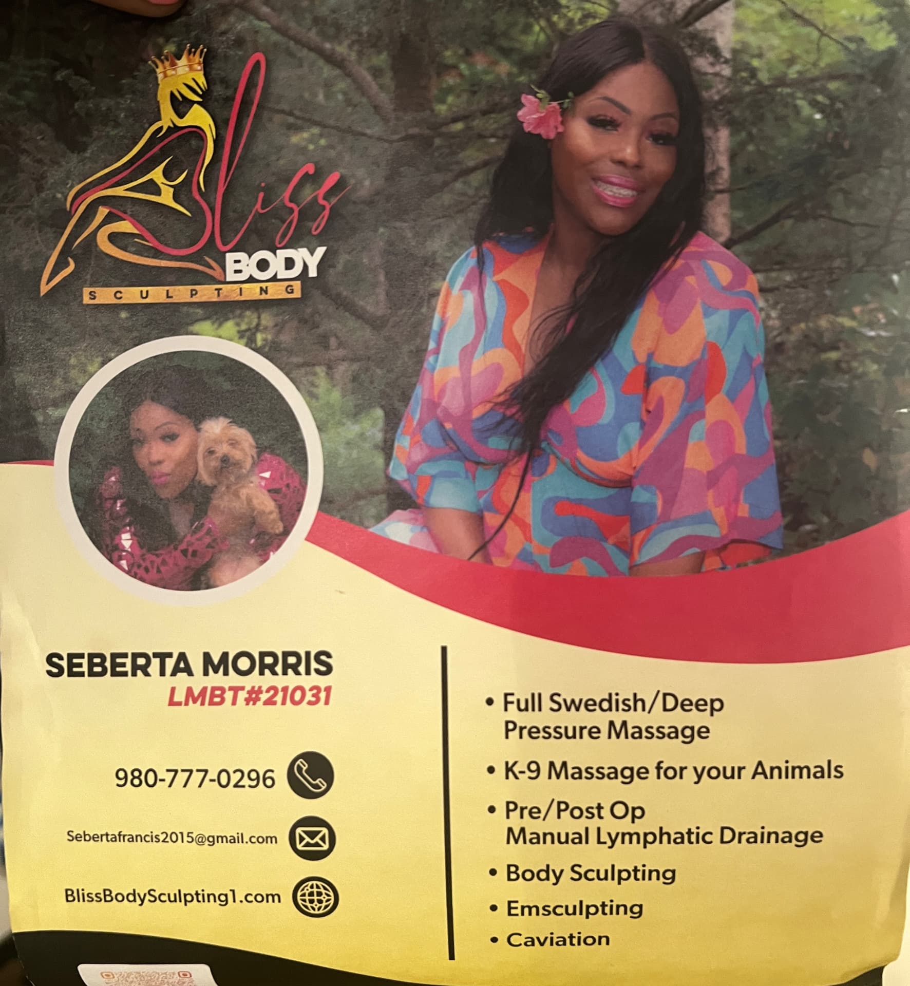Bliss Body Sculpting services and contact card