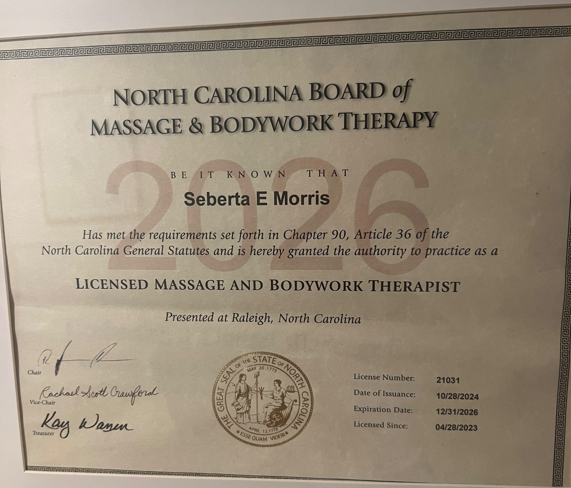 North Carolina Massage and Bodywork Therapy license for Seberta E. Morris, license number 21031