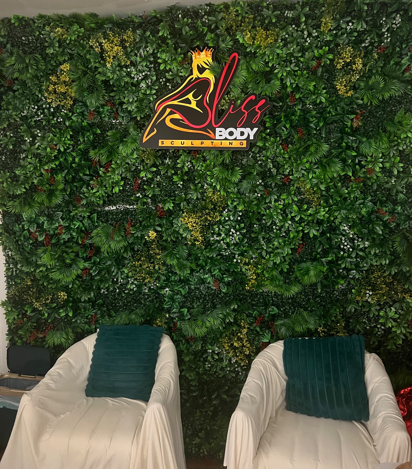 The Bliss Body Sculpting logo wall inside the studio
